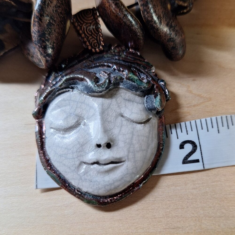 Marcia Merrins Signed Raku Face Bronze Pendant Whimsical Necklace Wearable Art - Picture 12 of 14